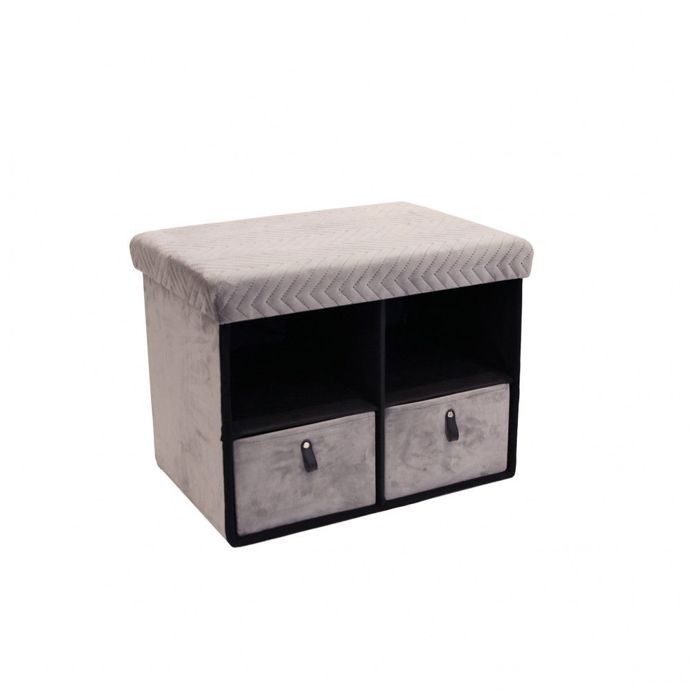 Banc pliable revêtement en velours avec 2 tiroirs - Gris 38 cm