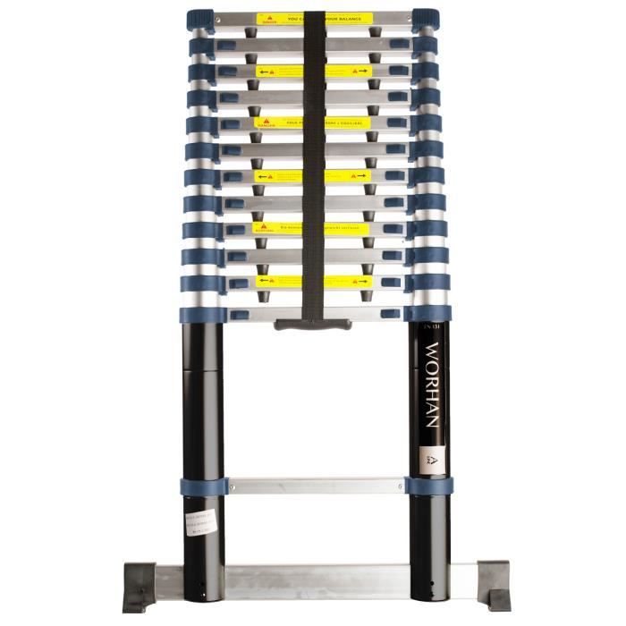WORHAN® Echelle 3.8m Télescopique PRO Aluminium Anodisé Solide Extensible Avec une Barre Stabilisatrice 380cm 1K3.8A