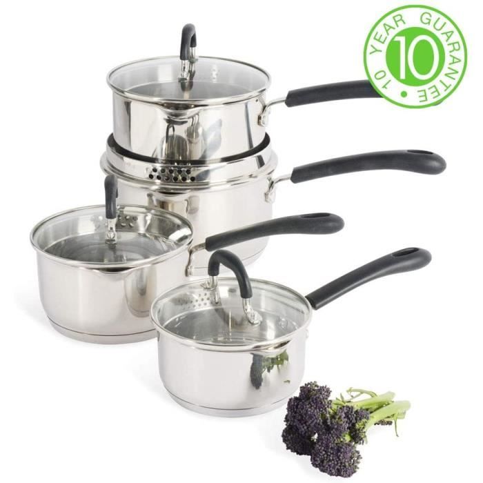 ProCook Gourmet Steel - Batterie Set 4 Casseroles Inox Antiadhésives Induction - Becs Verseurs - Couvercles Passoire Verre Trempé -