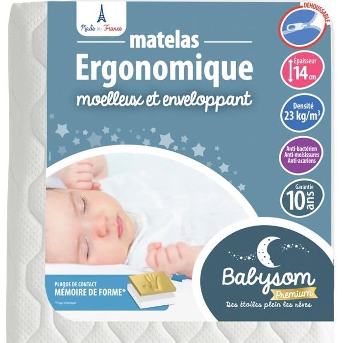 Babysom - Matelas Bébé Ergonomique - 60x120 cm - Anti-acarien - Contact Mémoire de Forme : Confort Optimal - Épaisseur 14 cm