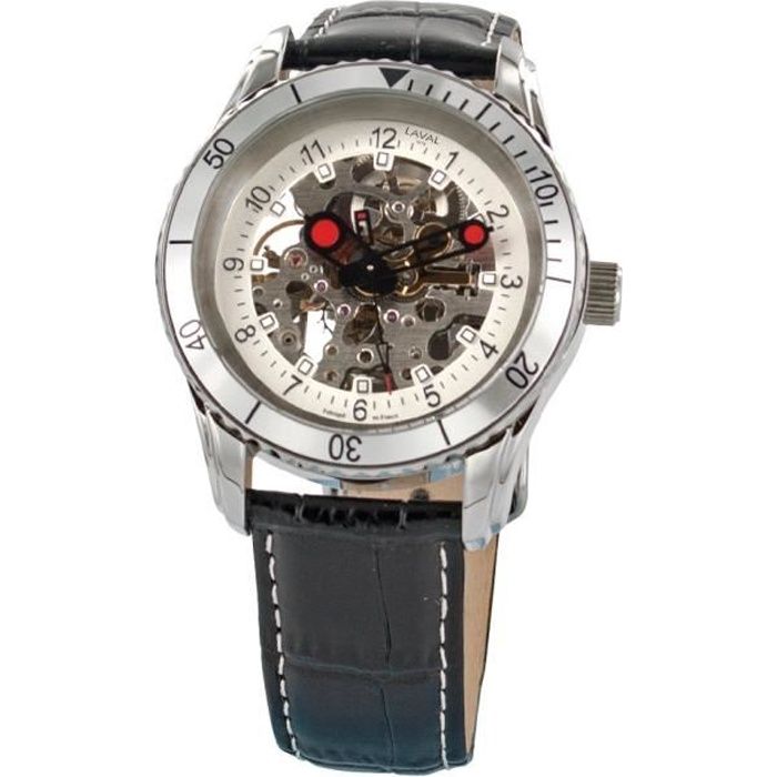 Jouailla - Montre homme automatique, boîtier acier bracelet refente de cuir de buffle imitation crocodile