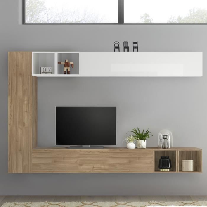 Meuble TV suspendu blanc laqué et couleur chêne LIZZANO Marron L220 x P 30 x H 180 cm