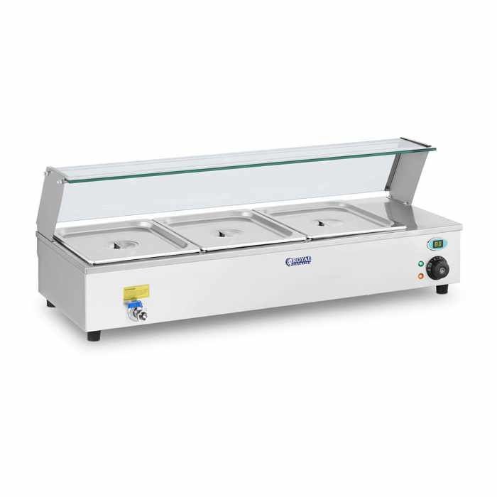 Vitrine bain-marie avec robinet de vidange Pro Buffet Chauffe-plat Inox Bacs 3x1/2Gn 95x40x16cm 1.300W Royal Catering RCBM-3