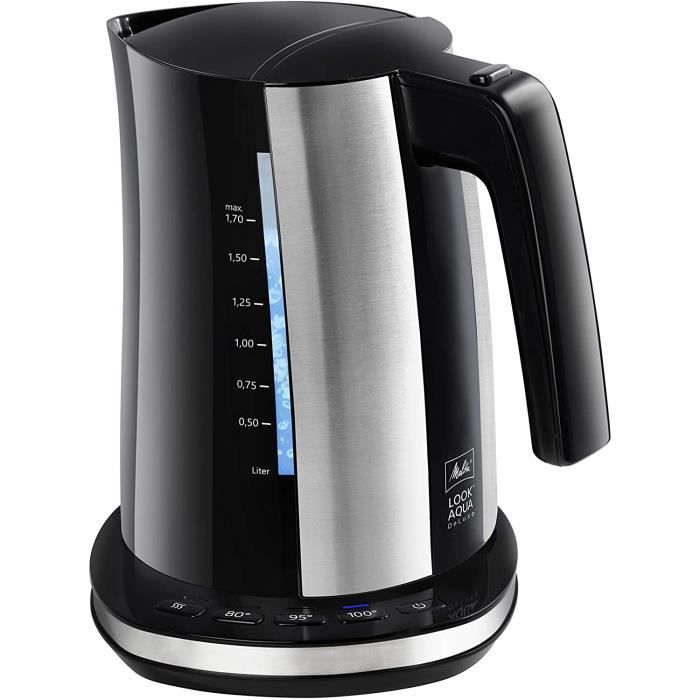 Melitta Look Aqua Deluxe, Noir Inox, 1026-04 Bouilloire Electrique à Température Réglable, 80 °C, 95 °C, 100 °C, 1,7 l, 2400 W