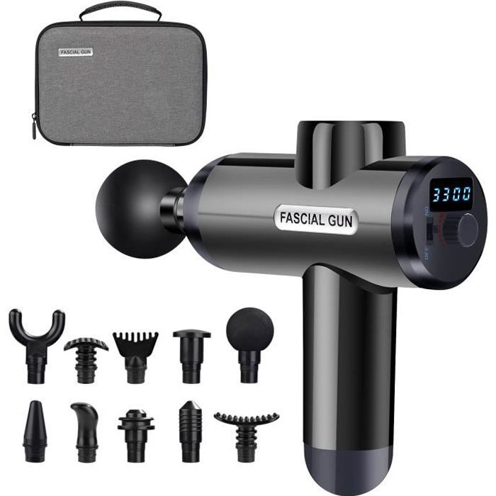 Fascia Massage Gun Pistolet De Massage Muscle Profond Relaxant Réglage de - 10 Têtes de Massage et Ecran LCD HD- Noir
