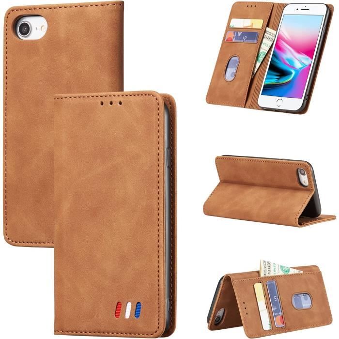 étui portefeuille iPhone SE 2020 iPhone 7 iPhone 8, Premium Vintage PU Cuir Housse Portefeuille Dépoli étui Portefeuimarron