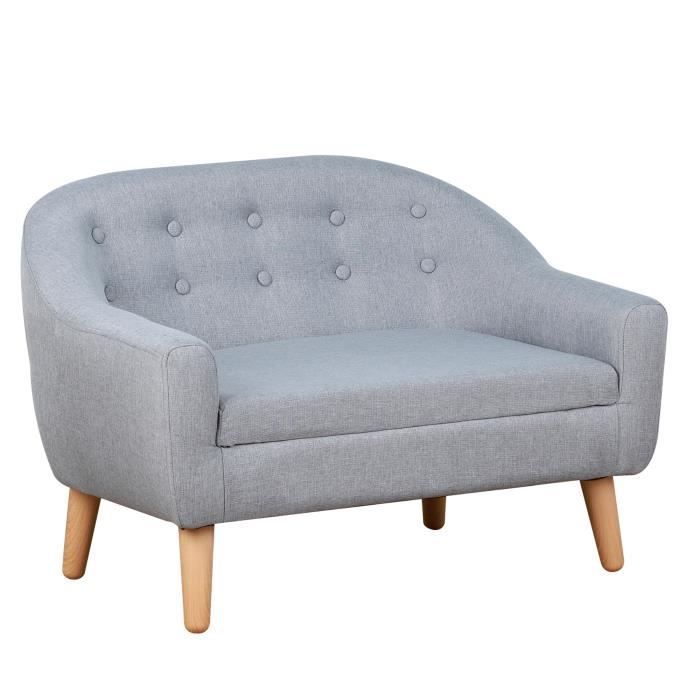 Fauteuil enfant design scandinave grand confort dossier capitonné 10 boutons piètement effilé aspect bois clair revêtement lin gris