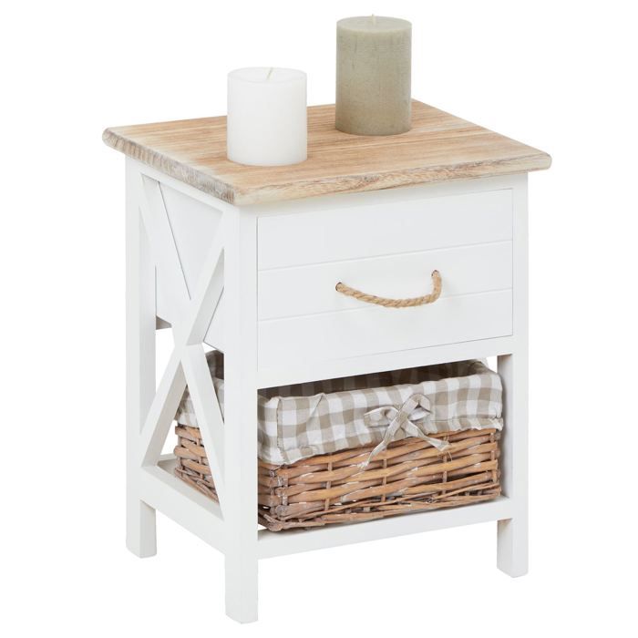 Table de chevet PERUGIA table de nuit 1 tiroir et 1 panier en bois de paulownia style shabby chic vintage rustique campagnard blanc