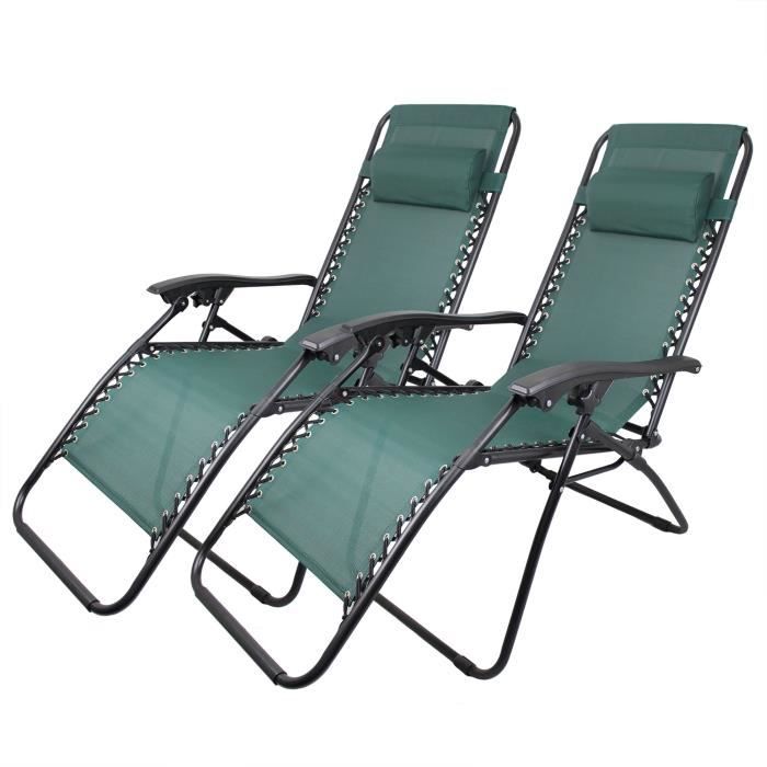 Chaise Longue Inclinable, Transat en Textilène de Jardin, 165 x 112 x 65 cm, Vert, Pack de 2, Textilène, Avec coussin