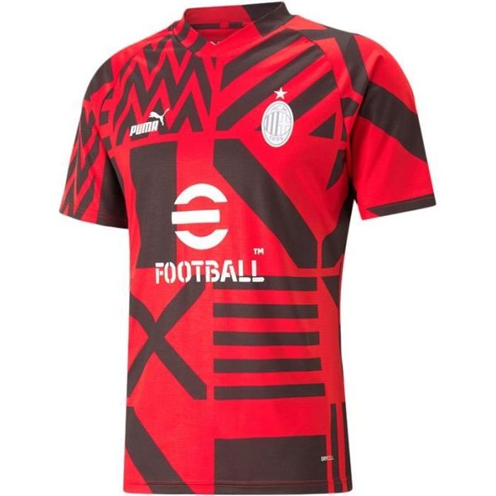 Maillot Puma A.C. Milan Football Prematch - Réf. 767549-06. Couleur : Rouge, Noir. Détails. - Col V. - Coupe régulière. - Manches