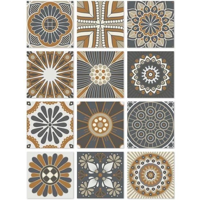 Panorama Stickers Carrelage Adhésif Cuisine 48 Pièces de de 15x15cm Hydraulique Orange - Autocollant adhésif en Vinyle pour Carreaux