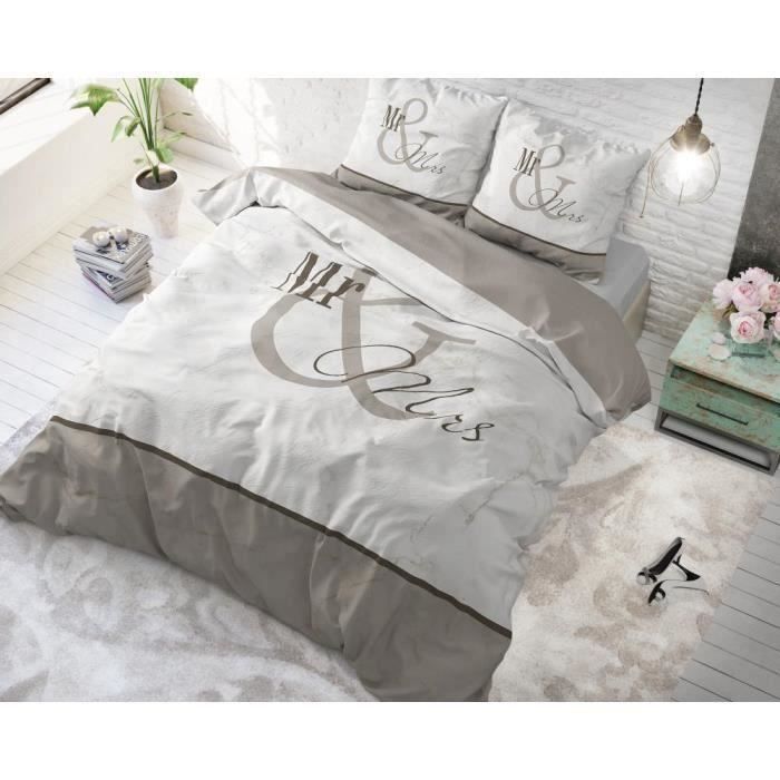 Housse de couette avec 1 taie d'oreiller 100% Cotton140X200-220Mr and Mrs 3 Marble Taupe
