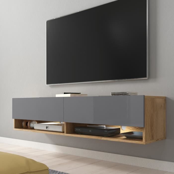 Meuble TV / Meuble de salon - WANDER - 140 cm - avec LED - chêne wotan / gris brillant - design moderne