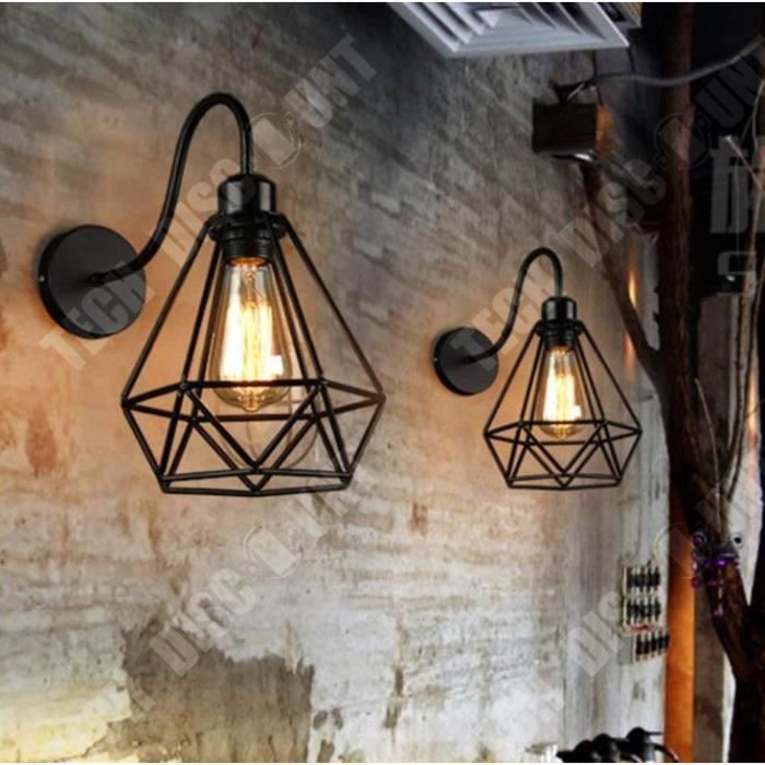 TD® iDEGU Lot de 2 Applique Murale forme Diamant en Métal Fer Noir, Lustre abat-jour Cage Forgé Lampe Rétro Industrielle E27 pour Cu