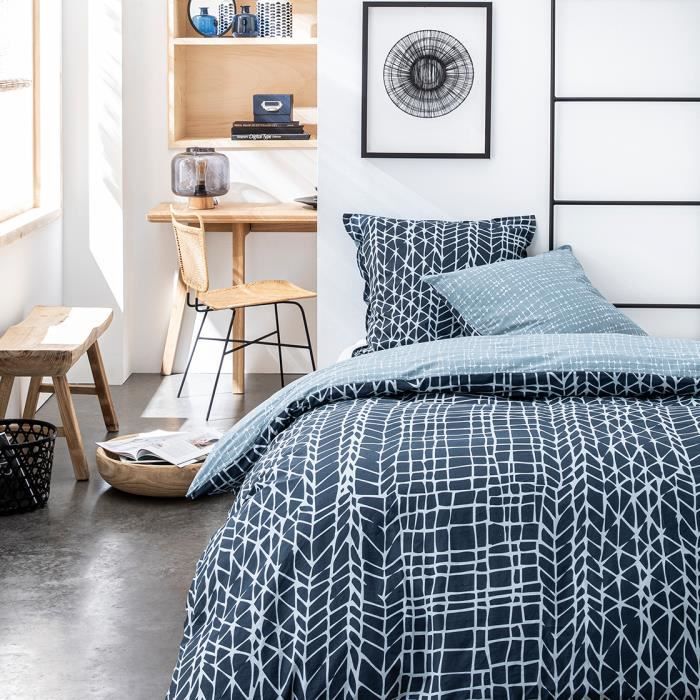 Parure de lit 2 personnes 220X240 Coton imprime bleu Graphique SUNSHINE