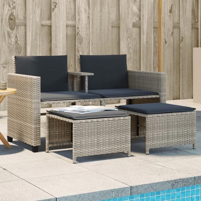 vidaXL Canapé de Jardin 2 Places avec Table et Tabourets Fauteuils avec Coussins Mobilier dExtérieur Patio Moderne 368421