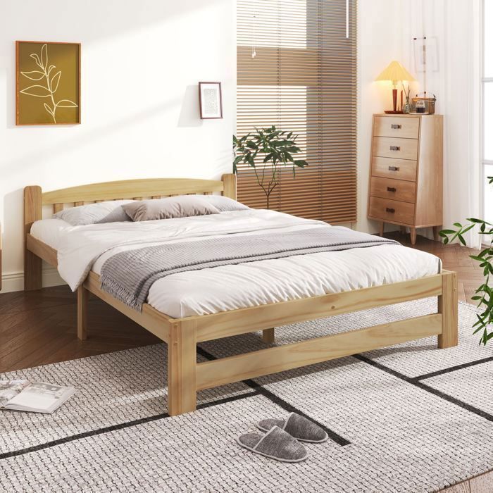 Lit en bois massif lit de style japonais 140x200 cm lit double avec tête de lit et sommier tapissier - bois naturel