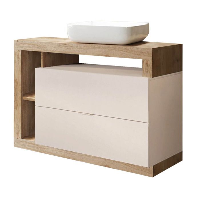 ARTURO - Meuble Vasque 110cm 2 tiroirs Cachemire laqué et aspect bois finition Cadiz ARTURO - Meuble Vasque 110cm 2 tiroirs Cachemire laqué et aspect bois finition Cadiz