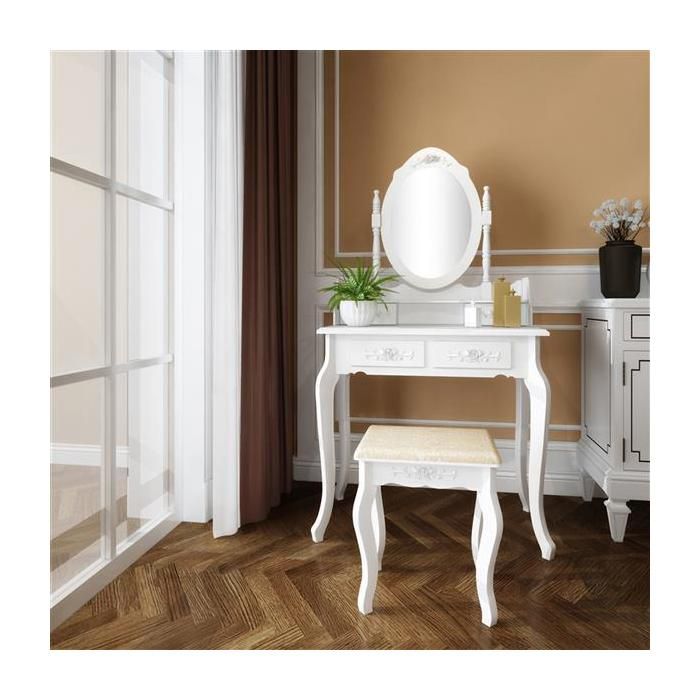 Coiffeuse Avec Miroir Pivotant Et Tabouret Eclairage LED 3 Couleurs Blanc Dore Clair