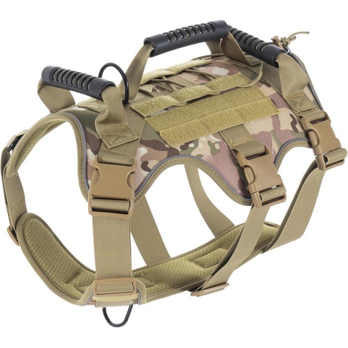 Comparer les prix de Harnais Chien Harnais Anti Traction pour Chien RéGlable Réfléchissant Harnais en Y avec 3 Poignée ContrôL (Camouflage L)