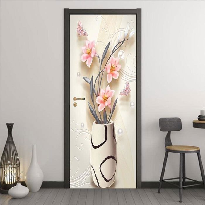 Peinture Murale De Porte Papillon Fleur Dessin Animé Fille Autocollant De Porte Affiche 3D - 90 X 200 Cm Papier Peint Porte Pour Salon Chambre