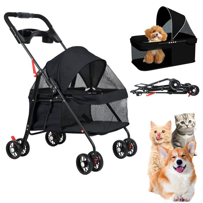 Meilleurs prix pour Poussette pliante pour petits chiens et chats - 4 roues avec support pour tasse (75 kg tissu respirant léger)