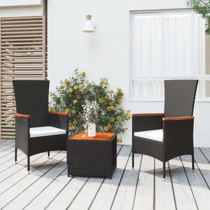 “RabaisEnsemble de salon de jardin 3 pcs - Table de salon salle à manger + 2 Chaises de jardin - noir poly rotin et acacia