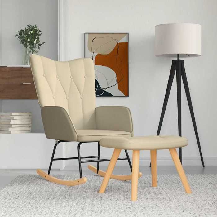 Chaise à bascule avec repose-pied - VIDAXL - Crème - Tissu polyester - 61x78x98 cm - Tabouret inclus - Bois massif