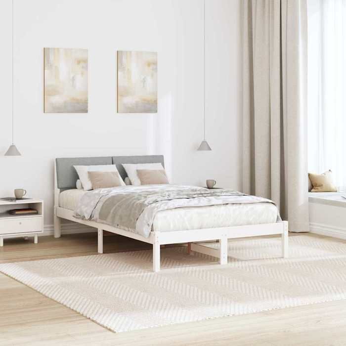 Structure de lit avec tête de lit - UU - 120x190 cm - Blanc et gris clair - Bois massif en pin - Cadre à lattes