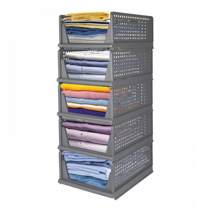 Lot de 5 Organisateur Armoire Vetement Pliable - Panier de Rangement en Plastique Empilable - Tiroir Coulissant - Gris