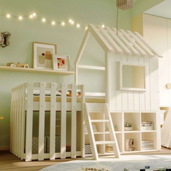 Lit cabane enfant 90x200 - LANGTU - Lit cabane - Bois massif (pin/contreplaqué) - Toit et fenêtres - Grand rangement
