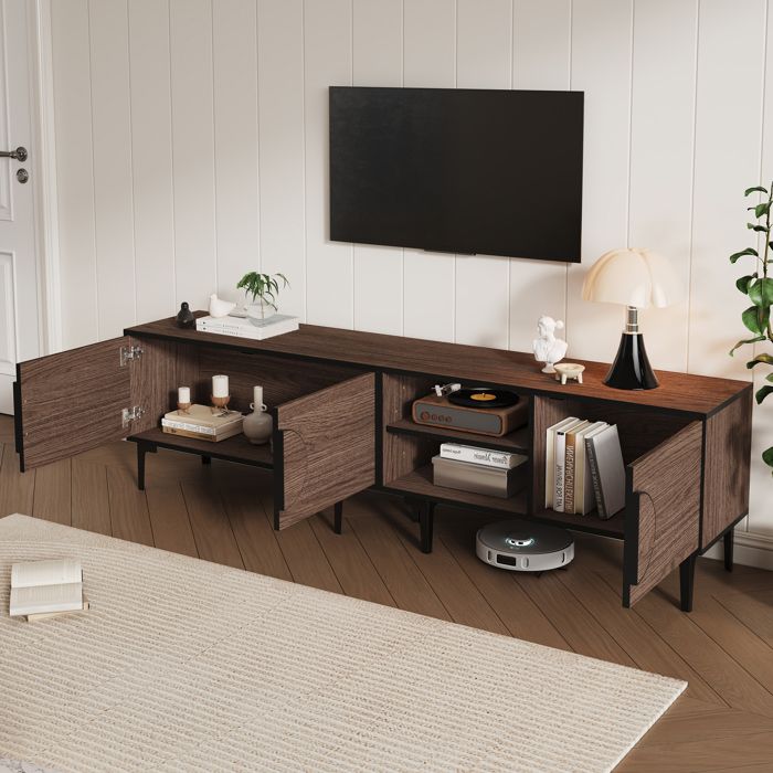 MODENUIT Meuble TV 180x35x49 cm avec 3 portes 2 niches ouvertes 7 pieds panneau de particules marron