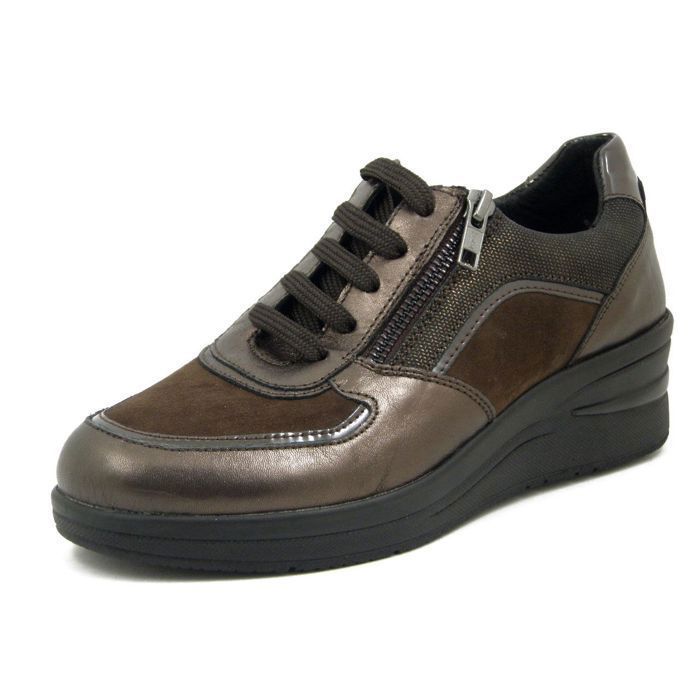 OSVALDO PERICOLI Basket Femme - OSVALDO PERICOLI - Cuir et Daim - Marron - Lacets et Zip