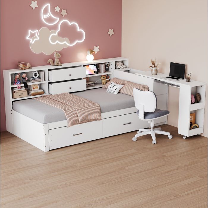 Lit combiné 90 x 200 cm EVRYAE avec bureau coulissant et rangements intégrés 2 tiroirs USB bois blanc