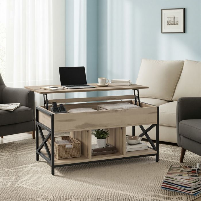 Table de Salon Relevable Meuble Bas avec Rangement Ouvert et Caché Structure Acier pour Séjour Marron et Noir Table de Salon Relevable Meuble Bas avec Rangement Ouvert et Caché Structure Acier pour Séjour Marron et Noir