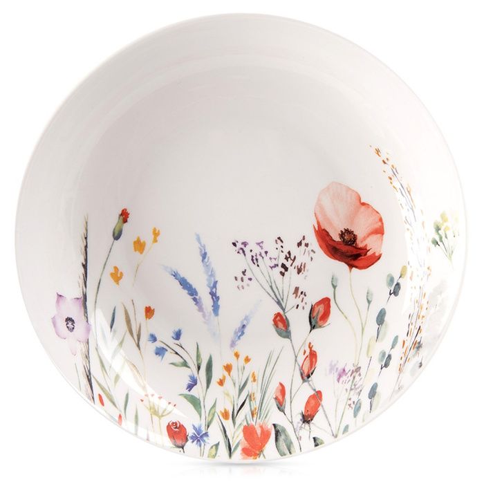 Assiette à dîner profonde en porcelaine - Orion - 205 cm - 600 ml - Blanche - Décor fleurs des champs