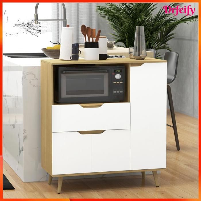 Meuble micro-ondes - AKOZON - 11356 - 1 tiroir & 2 placards - 90 x 40 x 985 cm - Bois et blanc