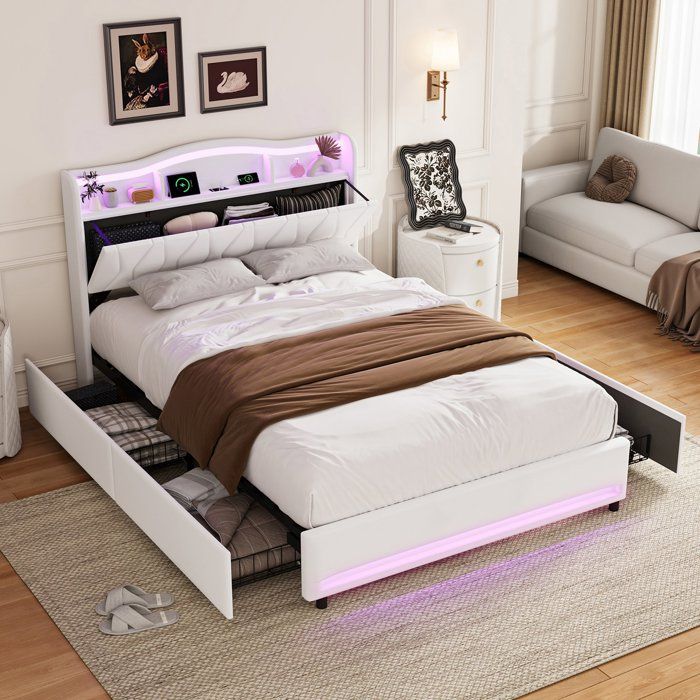 Lit 160 x 200 cm avec tête de lit et sommier à lattes lit 2 Personnes avec 4 tiroirs LED et ports USB cadre de lit velours beige