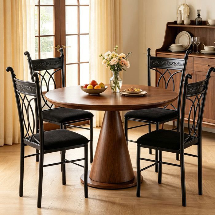 Lot de 4 Chaises de Repas Structure en Métal Résistante Dossier avec Motif Géométrique Assise Rembourrée pour Intérieur Maison