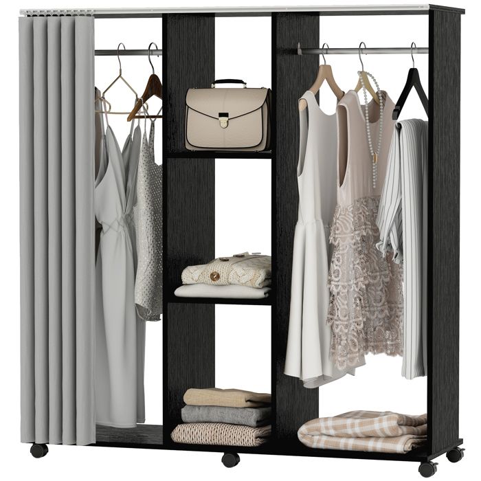 LIA Armoire penderie Meuble de Rangement Mobile 6 roulettes 120L x 40l x 128H cm en bois Noir
