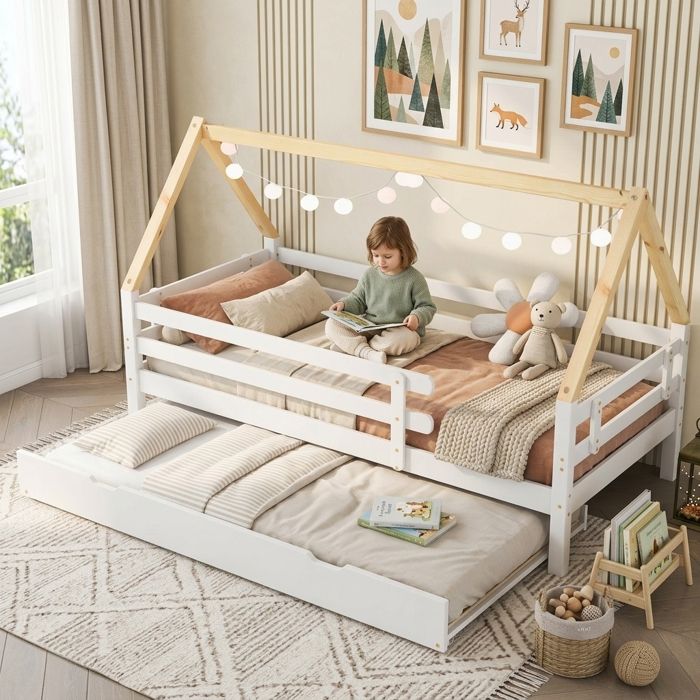 Lit cabane enfant - Lit gigogne coulissant - Bois massif - Blanc et naturel - Dimensions 205.5x95x129.5 cm