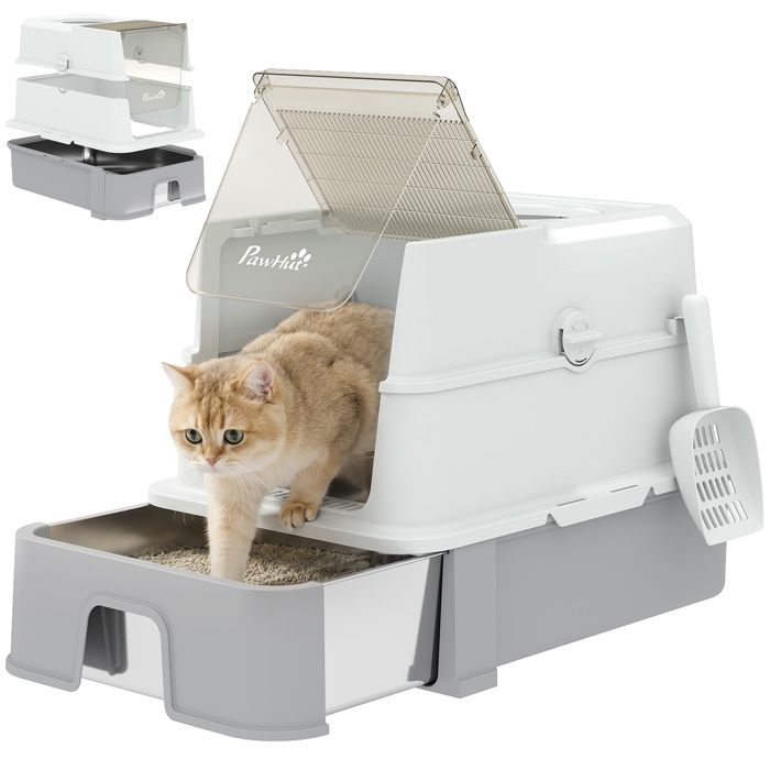 Bac à litière pour chat - PawHut - tiroir coulissant couvercle amovible pelle 2 sacs filtrants - inox - 60x40x45cm - gris