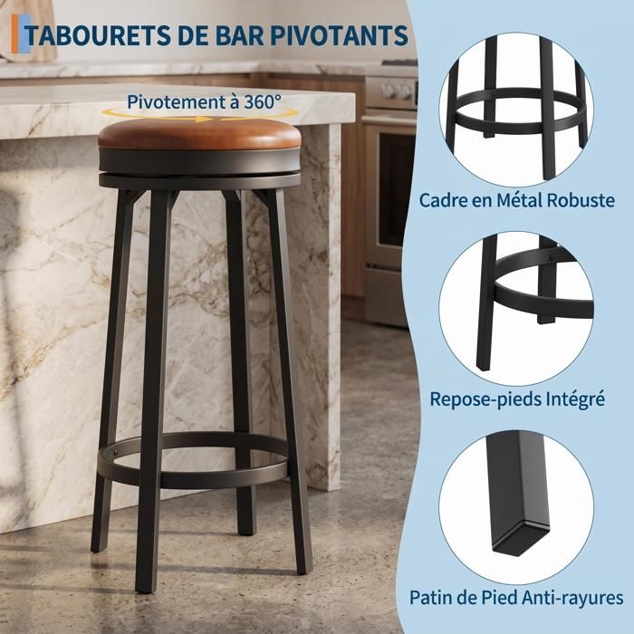 Tabourets de bar pivotants 360° sans dossier – Assise ronde en cuir PU imperméable Lot de 4 marron 4 pièces