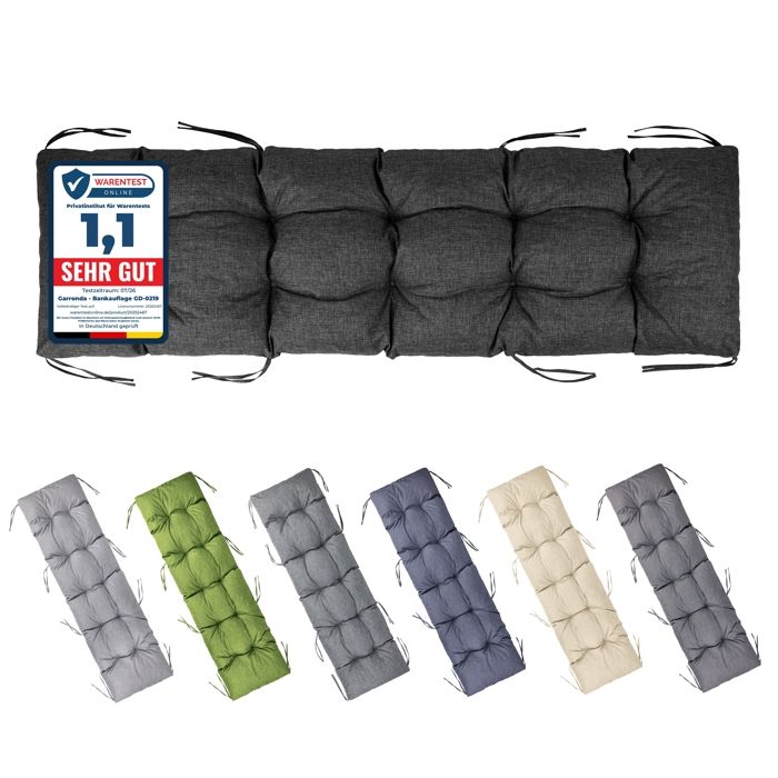 Garronda Coussin de Banc Matelassé Extérieur 180x50 cm Imperméable Épais 10 cm avec Cordons GD-0219 Noir