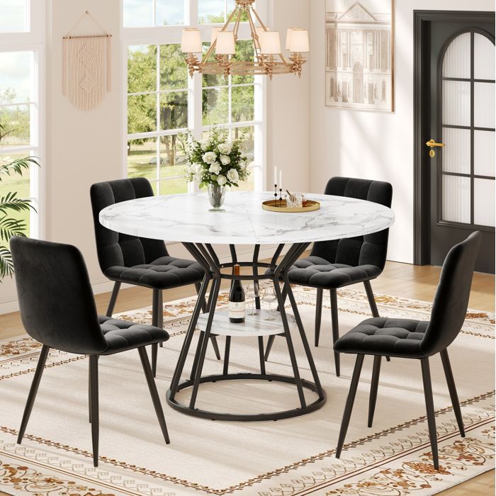MEULVA Table à manger ronde 100 cm avec étagère centrale plateau MDF décor marbre et piètement métal noir