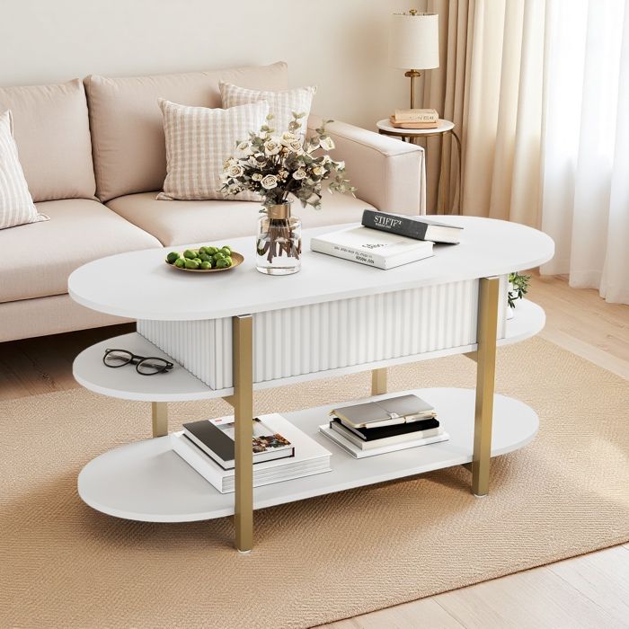 Table basse relevable Ovale - 106x44x50 cm - Plateau Escamotableavec étagères ouvertes et Rangement Pieds métalliques - Blanc