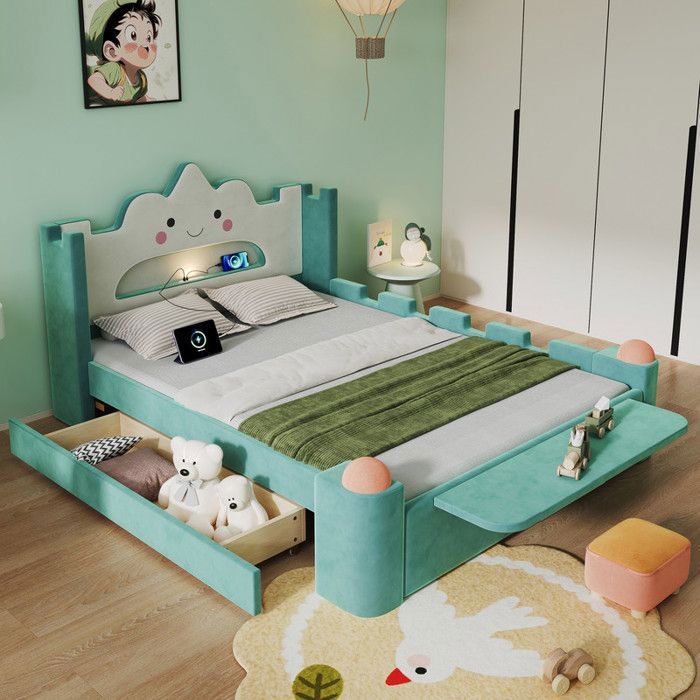 Bladez - Lit enfant 140 x 200 cm lit rembourré avec rangement lampe de lecture LED barrières de sécurité lit coffre - Bleu-vert