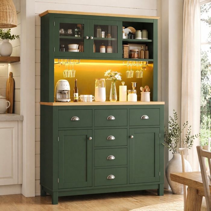 Buffet de Cuisine 4 Portes 5 Tiroirs LED et Porte-Verres - TCQPZ - en MDF et Métal Vert 104 × 40 × 180 cm