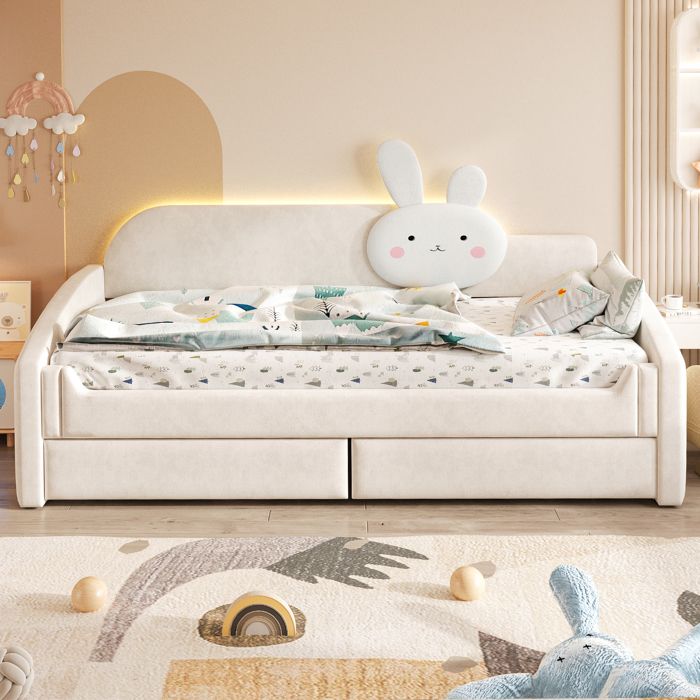 Lit banquette enfant 90x200 cm dossier LED 2 tiroirs coussin lapin accoudoirs rembourrés sommier à lattes velours beige