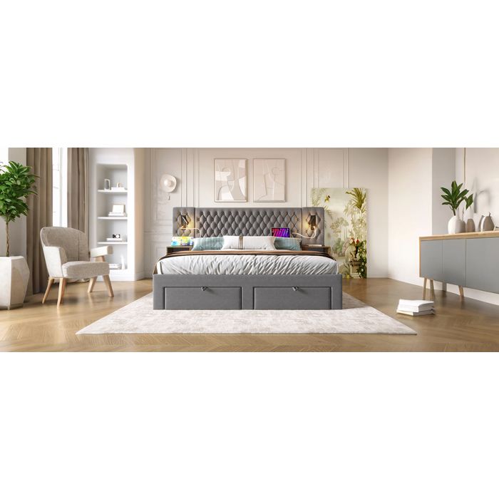 Ensemble chambre à coucher 160x200 cm lit avec 2 chevets 4 tiroirs tête de lit LED USB gris velours sans matelas
